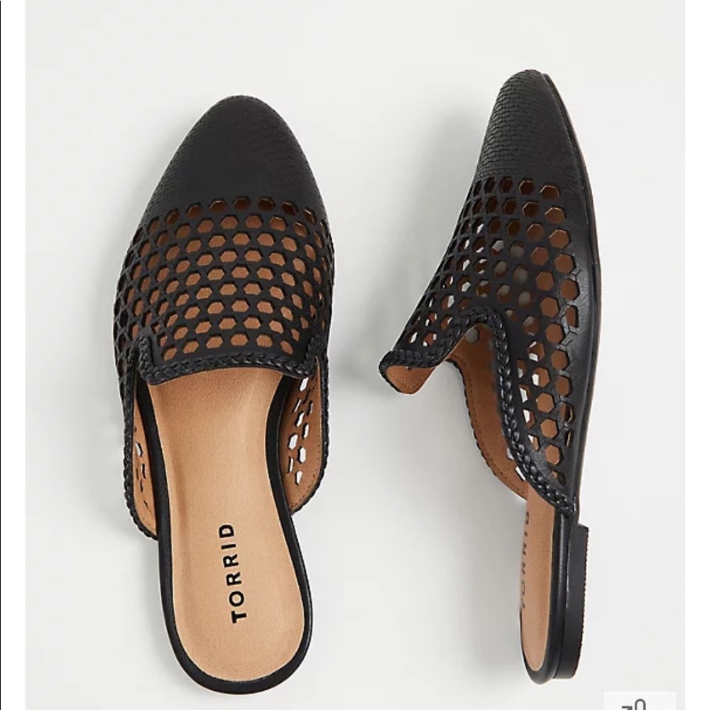 Torrid wide width faux leather laser cut mules